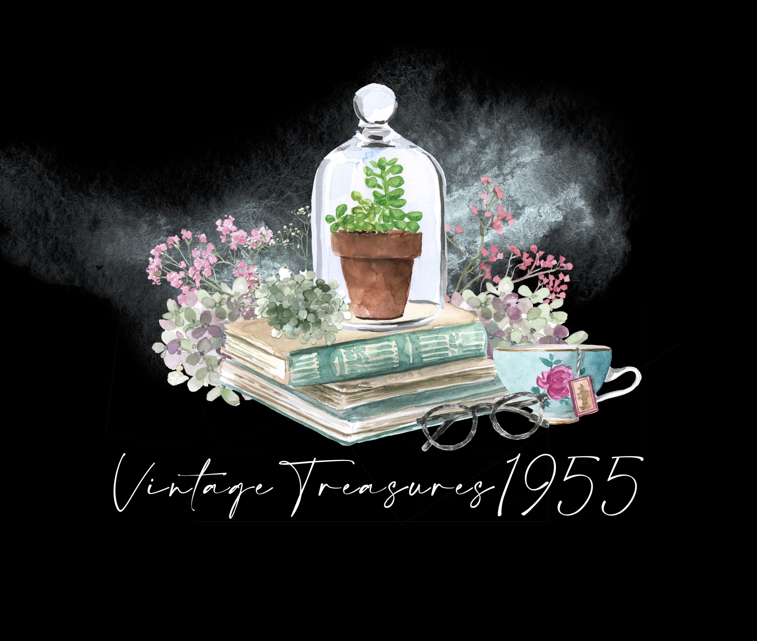 Vintage Treasures 1955: glass cloche, flowers, vintage books, and teacup